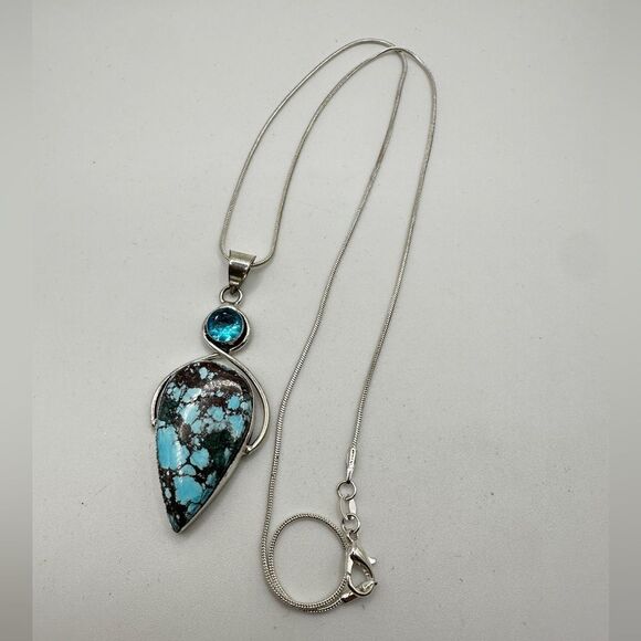 AMAZING Sterling Silver Turquoise and Swiss B. Topaz Pendant, 21" 925 necklace!! - Picture 10 of 11